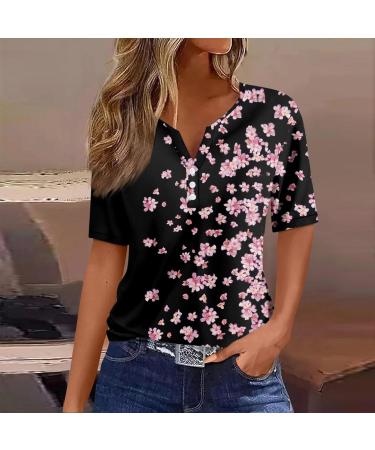 Shop Women's V-Neck Henley Tunic Shirt - Floral Print & Short Sleeve Blouse | Light & Loose Fit | Festive Tops | XL Black | International Shipping - Buy Online on GoSupps.com