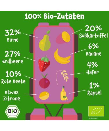 Pumpkin Organics Bio Vegetable Cereal Quetschies | Sugar-Free Baby Food (8x100g) | Vegetarian | 6+ Months | Pear Strawberry Sweet Potato Beetroot Banana Oats - Buy Online on GoSupps.com