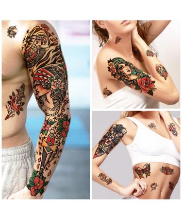 Classic Sailor Jerry Style Temporary Tattoo Sleeves - 55 Old School Stickers for Adults, Kids, Men, Women - American Traditional Flower Design - Buy Online on GoSupps.com