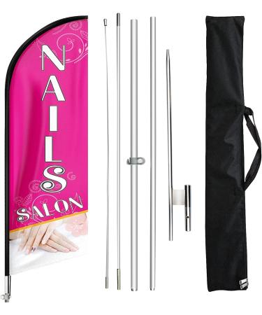FSFLAG Nails Salon Feather Flag Sign  Nails Salon Swooper Flag Pole Kit and Ground Stake  Advertising Feather Banner Sign for Nails Salon Business 11 Ft (Pink)