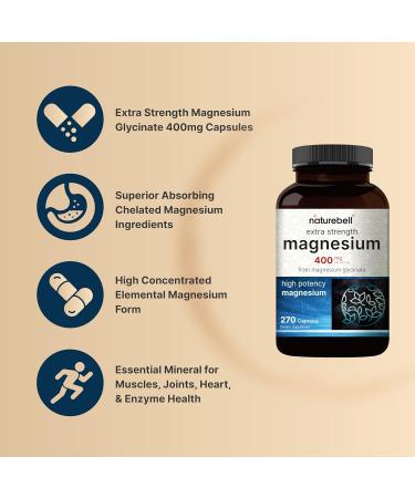 NatureBell Magnesium Glycinate 400mg Elemental 270 Capsules | 100% Chelated for High Absorption | Supports Muscle Bone & Heart Health | Non-GMO Gluten-Free Vegan - Buy Online on GoSupps.com
