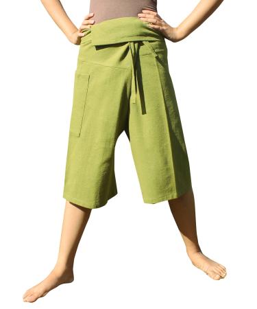 RaanPahMuang Thai Fisherman Shorts Men/Women, Loose Yoga, Pirate, Harem Pants, 100% Cotton, Unisex Kimono Pants X-Small-Small Acid Green