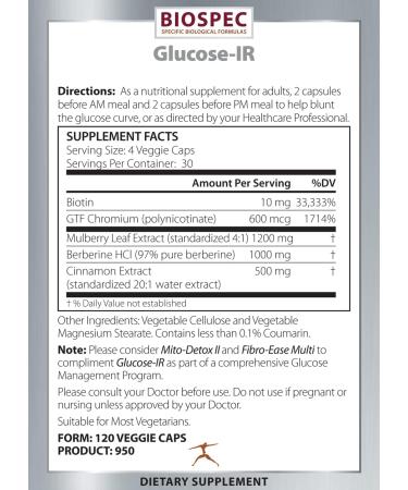 Biospec Nutritionals Glucose-IR Supplement - Cinnamon Extract, Chromium, Berberine and Biotin - 120 Capsules - Buy Online on GoSupps.com