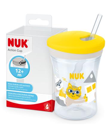 NUK Action Cup Toddler Cup | 12+ Months | Twist Close Soft Drinking Straw | Leak-Proof & Washable | BPA-Free | 230ml | Yellow Cat Cat (Yellow) 3 Piece Set
