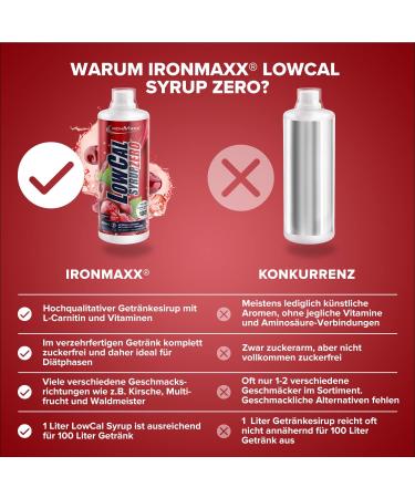 IRONMAXX LOWCAL SYRUP Zero - Sugar-Free Cherry Beverage Concentrate 1000ml | 1:100 Mixture with L-Carnitine & Magnesium | Healthy Low-Calorie Drink - Buy Online on GoSupps.com