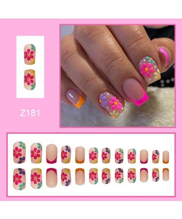 Colorful Flowers French Tip Press On Nails - 24Pcs Square False Nails with Daisy Designs for Women & Girls | Acrylic Full Cover Short Fake Nails for Summer Manicure - Buy Online on GoSupps.com