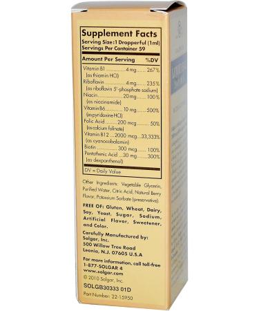 Solgar Sublingual Liquid B-12 2000 mcg with B-Complex - 2 fl oz - Vegan & Gluten-Free Energy Booster for Heart & Nervous System - 59 Servings - Buy Online on GoSupps.com