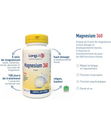 LongLife Magnesium 360 | High Dosage 360mg per tablet | 5 High Bioavailability Magnesium Salts | Adult Stress Relief Mineral | 100 Day Treatment | Gluten Free & Vegan - Buy Online on GoSupps.com