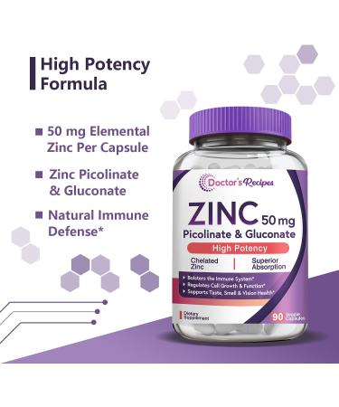 Doctor's Recipes Zinc Capsules 50mg - Immune Defense & Cell Growth Support - Non-GMO, Dairy-Free - 90 Veggie Caps - Buy Online on GoSupps.com