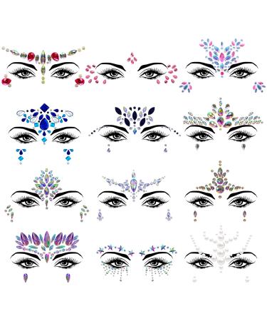 Lusy DM 12 Sets Face Gems Mermaid Face Jewels Rhinestone Rave Face Gems Temporary Tattoos Crystal Festiva Face Jewels Stick on for Race Carnival Halloween Festival Party lovely
