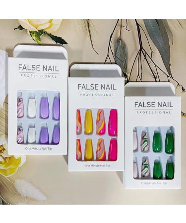 3 Packs (72 Pcs) Glossy Stick on Coffin Fake Nails with Colorful Stripes - Medium Length French False Nails Set for Women and Girls - Buy Online on GoSupps.com