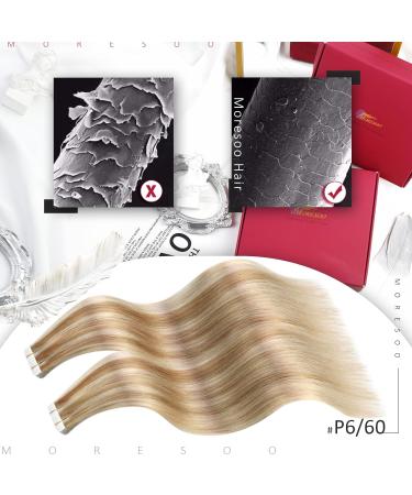Moresoo Blonde Tape in Hair Extensions - Real Human Hair Medium Blonde with Platinum Highlights | 16 Inch 20 Pieces/50g #P6/60 - Buy Online on GoSupps.com
