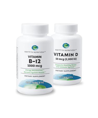 Earth's Splendor Energy + Bone & Immunity Support Energy Supplements: Vitamin B12 & Vitamin D Bundle. IU- Support Gluten Free No Artificial Colors or Flavors Helps Energy Metabolism & Immune Health