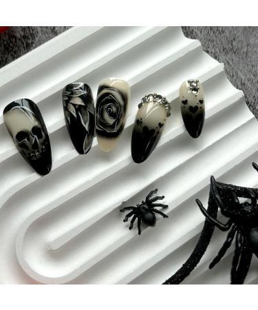 Stiletto Press on Nails - Goth Skull & Black Rose Fake Nails | 24Pcs Halloween Acrylic Nails with Rhinestones - Perfect for Women & Girls - Buy Online on GoSupps.com