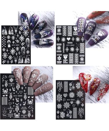 4 Sheets Nail Sticker Decals White Snowflakes Lace Lattice Elk Christmas Tree Heart Winter Design Full over Self-adhesive Nail 5D Embossed French Press on Nails for Women Girls DIY Nail Art Decoration - Buy Online on GoSupps.com