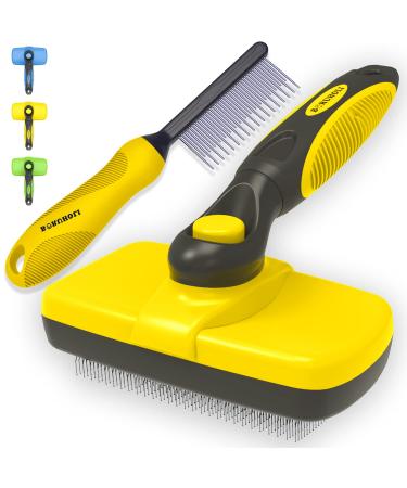 BORUHOLI Self-Cleaning Slicker Dog/Cat Brush and Comb Kit,Cat/Dog Brush and Comb for Shedding and Grooming Long/Short Hair and Large/Small Dogs, Cats, Rabbits, Pets - Deshedding Tools. (Yellow)