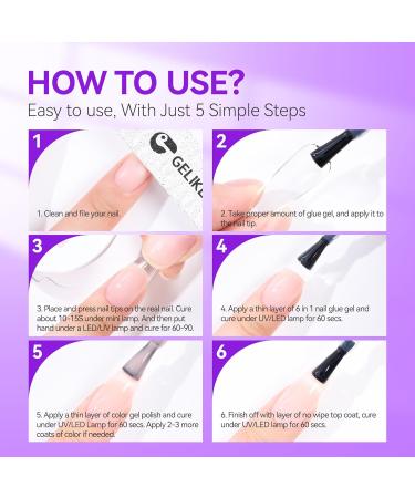 Gelike 6 in 1 Gel Nail Glue Base Coat and Top Coat Set - Long Lasting UV Gel Polish for False Nail Tips - 2x8ml Base & No Wipe Top Coat, Super Shiny & Stain Resistant - C-Top Coat+Clear Nail Glue - Buy Online on GoSupps.com
