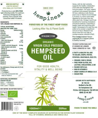Organic Hemp Seed Oil 1 Litre | Hempiness Premium Raw Cold-Pressed Hempseed Oil | Omega 3, 6 & 9 | 1l - Buy Online on GoSupps.com