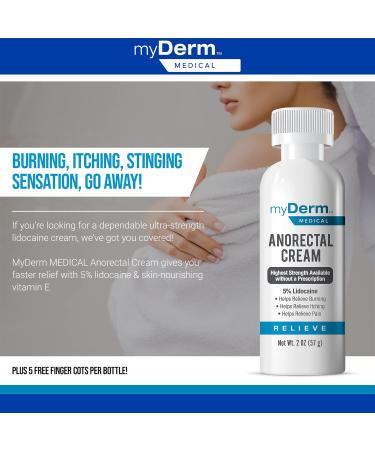 Myderm Medical 5% Lidocaine Anorectal Cream 2oz - Maximum Strength for Fissure and Hemorrhoid Care - Vitamin E - No Parabens - 5 Finger Cots - USA Made - Buy Online on GoSupps.com