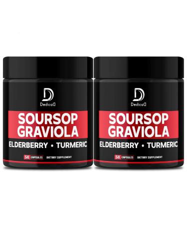 DEDICAD Graviola Soursop Leaves Capsules - 2 Packs 50 Capsules for 100-Day Supply - 11in1 Extract with Elderberry, Turmeric, Ginger, Milk Thistle, Cranberry & More - Support Mood, Immune & Body Health