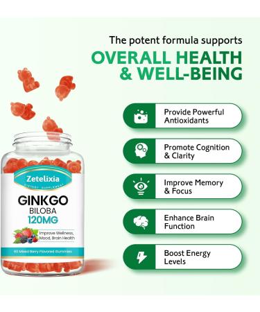 2 Pack Ginkgo Biloba Gummies for Women and Men Brain Supplement Improve Better Mood and Focus Vegan Mixed Berry Flavor 120 Count 60 Count (Pack of 2) - Buy Online on GoSupps.com