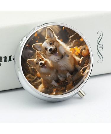 Round Pill Box with Two Corgis Print | 3 Compartment Portable Pill Organizer | Decorative Metal Pocket Pill Case - Buy Online on GoSupps.com