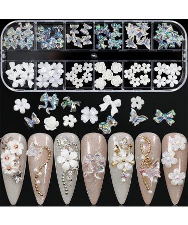 Flower Nail Art Charms Decoration 60pcs Glitter Butterfly Flower Nail Glitter Decals Stickers Design 3D White Flower Mixed Nail Flatback Butterfly Design Acrylic Nail Stud Jewelry for Women Nail Salon Style8