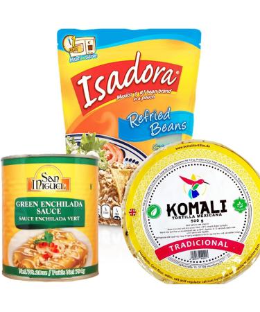 Enchilada Kit - Green/Mexican Food Kit for Enchilada Verdes with Komali Tortilla Wraps & Isadora Refried Beans in Pouch - Buy Online on GoSupps.com
