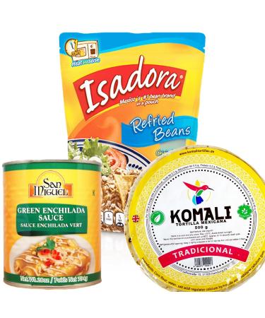 Enchilada Kit - Green/Mexican Food Kit for Enchilada Verdes with Komali Tortilla Wraps & Isadora Refried Beans in Pouch