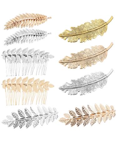 9 Pieces Metal Hair Clips Vintage Feather Leaf Shaped Hair Clips Leaf Wire Teeth Hair Comb Slides for Women Ladies Girls