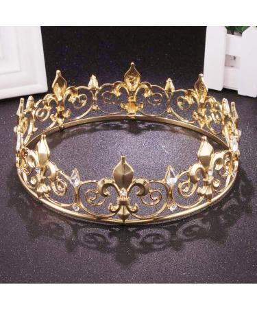 Gold King Crown Tiara for Men 7" Crystal Prom Party Headband, Large Full Round Costume Accessory Royal Cake Topper