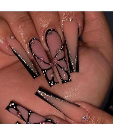 Press on Nails Long Coffin Black Glossy Full Cover Acrylic Extra Long Square Rhinestone False Nails with Butterfly Designs Artificial Ballerina Fake Nails with Glue Stick on Fingernails for Women Black French-Butterfly
