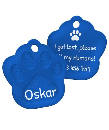 ENGRAVO dog tag paw in blue 33mm with your personal engraving and 2 key rings large 33mm blue