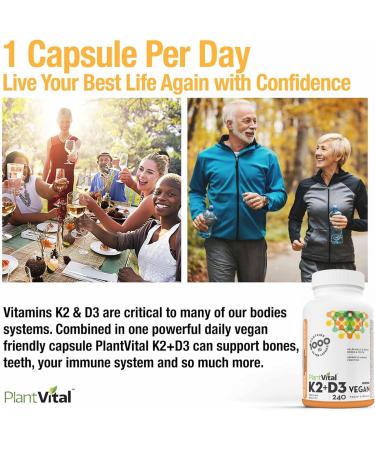 PlantVital High-Potency Vegan Vitamin D3 + K2 - (1000IU / 25 mcg + 120 mcg) for Bones Teeth Good Health and Immune System - Patented MK7 Form - K2 D3 vitamin - 8 Months Supply - 240 Capsules. 240 count (Pack of 1) - Buy Online on GoSupps.com