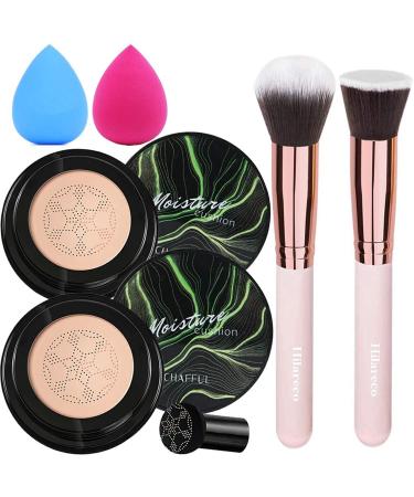 2 PCS Air Cushion CC Cream Nature Foundation  Foundation Brush Powder Brush Moisturizing Concealer  Bright Makeup Base Long Lasting with Mushroom Makeup Sponge (02 Natural+03 Nude)