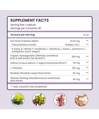 UpNourish Organic Ashwagandha Saffron Supplements with Probiotics - Stress Relief Mood Enhancer Calm Happy Pills Support Fatigue Focus Clarity with L-Theanine Rhodiola 30 Vegan Capsules - Buy Online on GoSupps.com