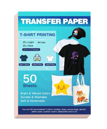 Tenare Inkjet Iron-on T Shirts Transfer Paper Printable Heat Transfer Vinyl Heat Transfer Paper DIY for Dark and Light Fabric (50 Sheets)