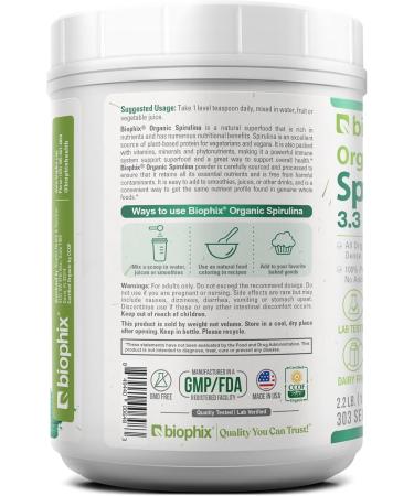 biophix Organic Spirulina Powder 2.2 Lbs 100% Pure Spirulina Blue Green Algae Powder Vegan Non GMO Non-Irradiated USDA Certified Best Protein Superfood - Buy Online on GoSupps.com