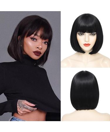 JSDshine Black Bob Wig With Bangs Short Black Bob Wigs For Women Straight Bob Bangs Wig 10 Inch Natural Looking For Daily Party Use