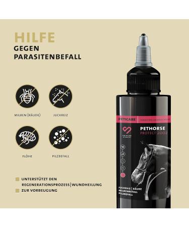 Peticare Anti-Parasite Treatment for Horses - Fight Mites Fleas & Fungi | Relieves Itching & Supports Skin Regeneration | Pethorse Protect 2002 (250 ml) - Buy Online on GoSupps.com