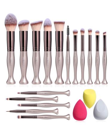 BS-MALL Makeup Brushes 16 Pcs Stand Up Synthetic Foundation Powder Concealers Eye shadows Blush Makeup Brushes Champagne Gold Cosmetic Brushes with 3 Makeup Songe