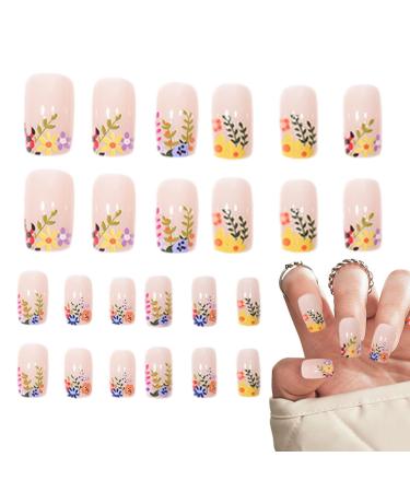 False Nails | Square Press On Fake Flower Nails | Long Lasting Artificial Fake Nails Detachable Full False Nails for Women