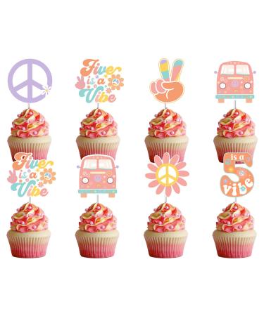 Fangleland 24 Pieces Five Is a Vibe Cupcake Toppers for Girl s 5th Birthday Party Decorations - Groovy Theme Dessert Picks Retro Hippie Daisy Flower 60s 70s Style Birthday Party Supplies