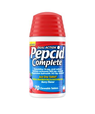 Pepcid Complete Acid Reducer + Antacid Chewables 10mg Famotidine 800mg Calcium Carbonate & 165mg Magnesium Hydroxide per Heartburn Medicine Tablet Antacid Chews Berry Flavored 70 ct Berry 70 Count