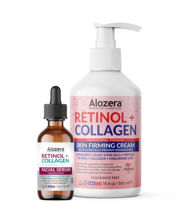 Alozera Skin Firming Retinol Collagen Body Lotion & Retinol Collagen Serum Bundle with Stem Cells Hyaluronic Acid Peptides & Ceramides for Aging Skin Wrinkles Firming Tightening & Hydrating