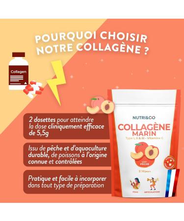 NUTRI & CO Marine Collagen Types 1 2 3 + Vit C - Skin & Joints - 5500mg of Hydrolyzed Collagen Patented by Serving - Peptides Powder Peach Flavor 180g - Made in France - Buy Online on GoSupps.com