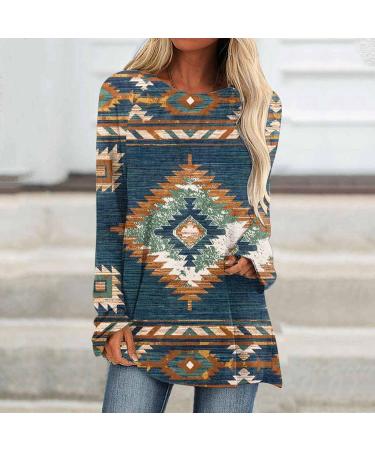 Women's Boho Mexican Tunic Top | Aztec Western Style Shirt in Blue | Long Sleeve Round Neck Tee Blouse | Size Large - Buy Online on GoSupps.com