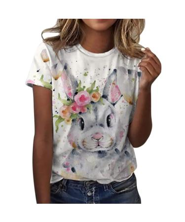 Bunny Shirts for Women Kawaii Happy Easter Day T-Shirt Short Sleeve Printed Blouses Round Neck Summer Tops X-Large White