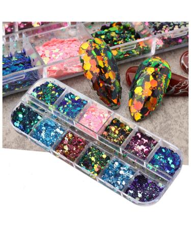 Holographic Nail Art Glitter Flakes - 12 Grids | Hexagon Sequins for Manicure Decoration - Buy Online on GoSupps.com