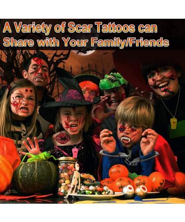 Zombie Makeup Halloween Kit - 11 Unique Sheets Fake Blood, Scar Tattoos, Vampire Makeup - 61 Pics Fake Scars & Cuts - Buy Online on GoSupps.com